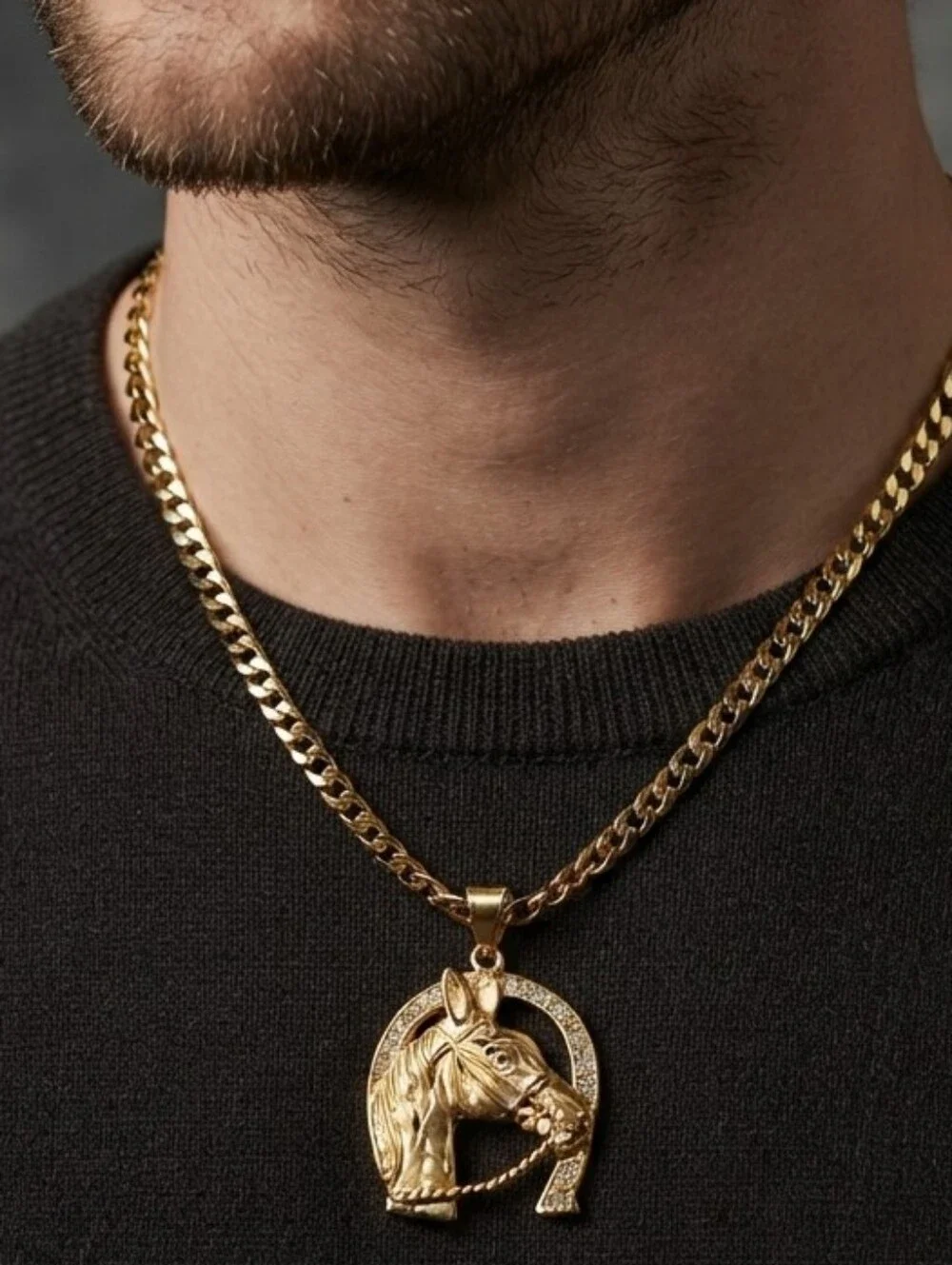 Gold Plated Stainless Steel Horse Head Pendant Necklace with White Stones